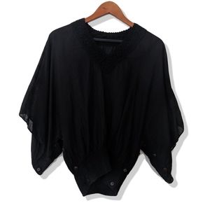 Drapey black cotton boho top | crochet v neck